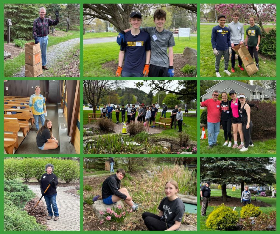 Adult and youth parish members cleaning up the Parish grounds